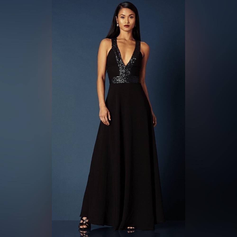 Dress The Population Delani Long Formal Maxi Dress Large Black Sequin Flowy